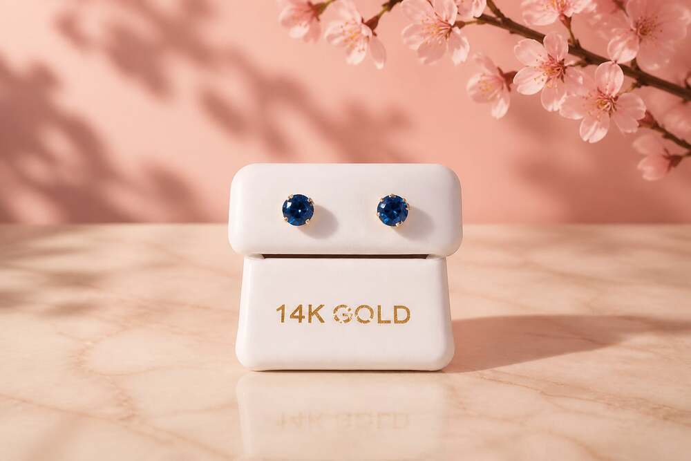 3mm Blue Crystal Solitaire Stud Piercing Earring in 14K Solid Gold